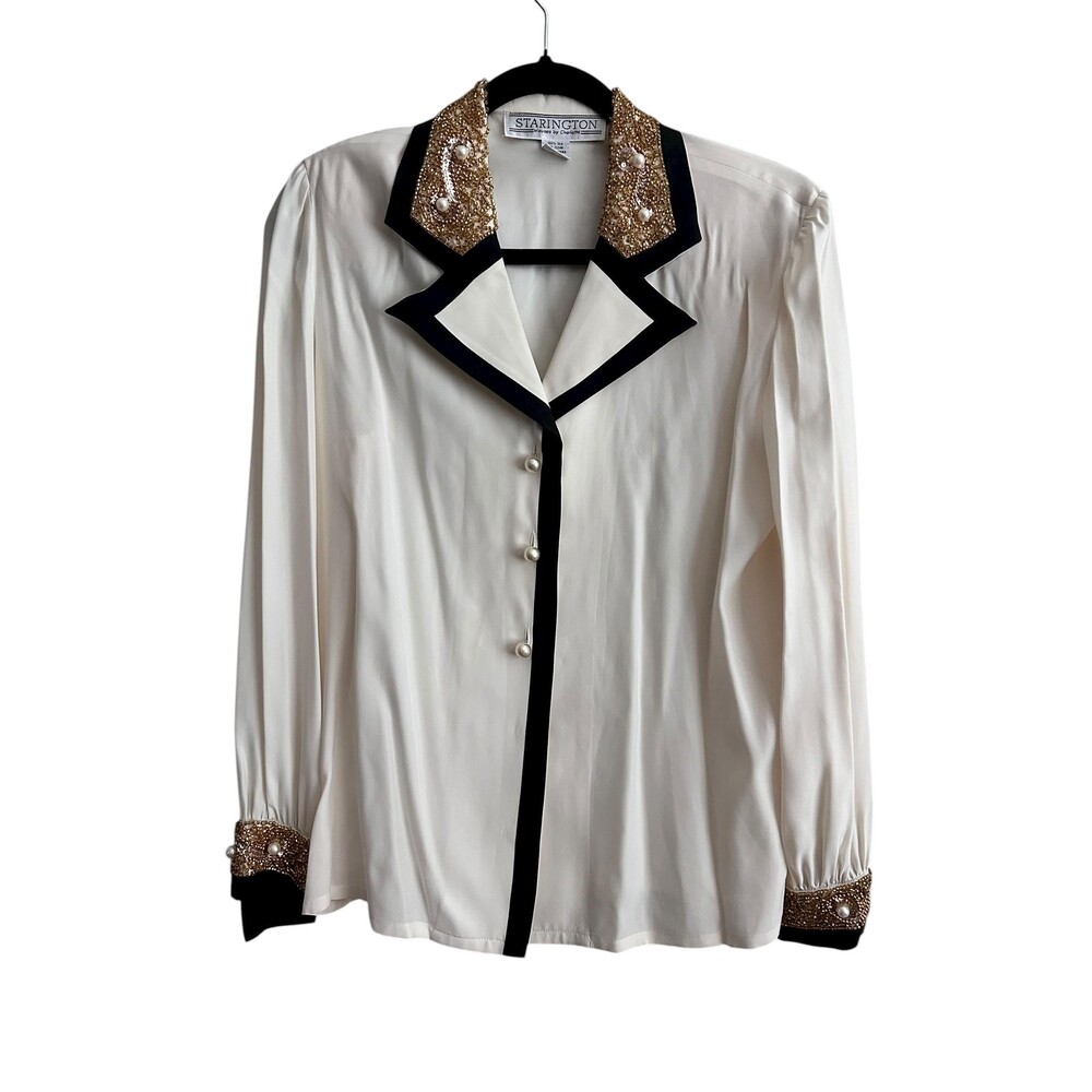 Vintage Starrington Silk Blouse | Beaded Collar, 80s Secretary Shirt, Size 6